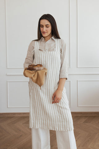 Women's linen apron with stripes